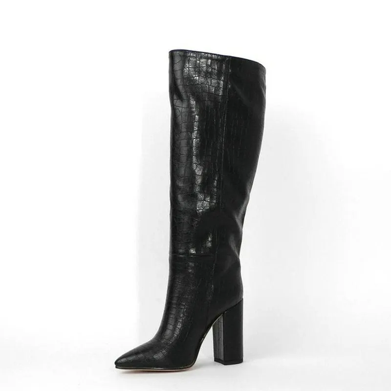 Band Designer Faux Leather Women Knee High Boots Pointed Toe Boots Women Long Chunky Block High Heel Boots Black Apricot Brown