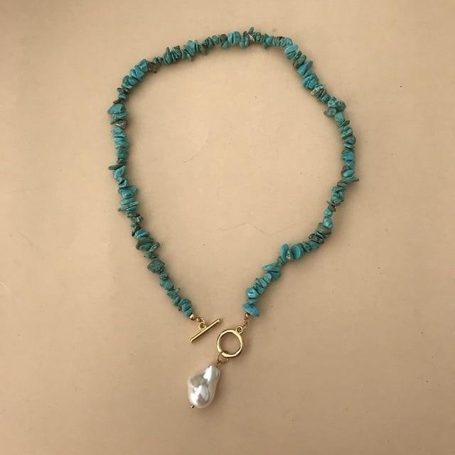 Simulation Baroque Pearl Pendant Necklace Simple Design Green Stone