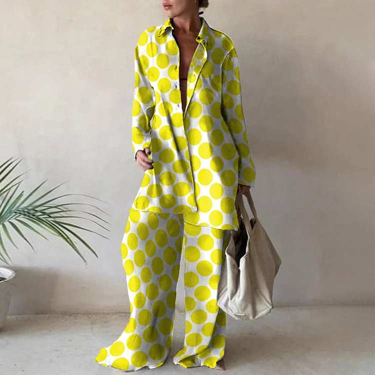 Fashion Polka Dot Print Shirt Two Piece Set