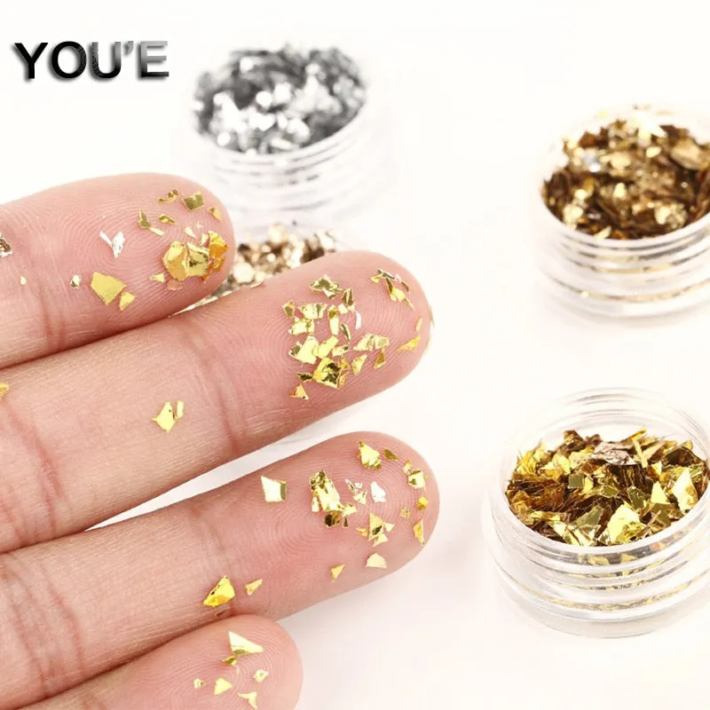 Gold Silver Glitter Nail Foil Sticker Adhesive Transfer Paillette Flake Full Cover Weed Leaf Decal Decor Decoration Manicure