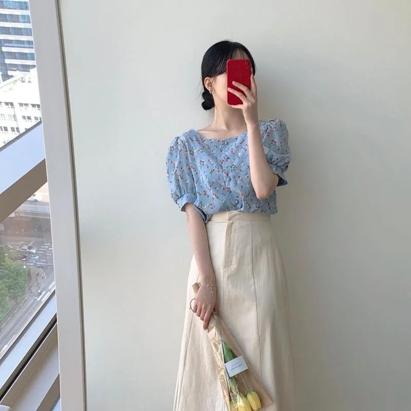 2020 New Casual Preppy Style Women Sets Floral Blouse And Solid Color Skirt Female Sets