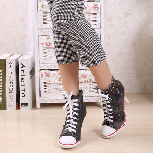 VCSHOES Canvas Lace Up High Heel Rivet Ankle Boots