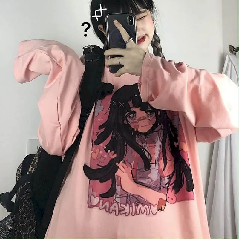 Japan Sweet Tshirt Women T Shirt Harajuku Bf Retro Tops Girl Anime Printing Loose Long-sleeved T-shirt Female Student Top