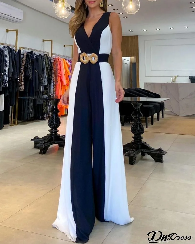 Colorblock Sleeveless Wide Leg Jumpsuit Without Belt