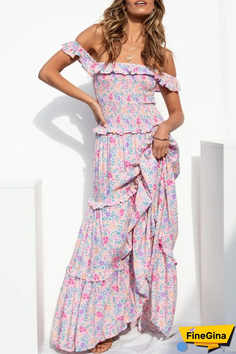 Fashion Street Print Split Joint Off the Shoulder Princess Dresses