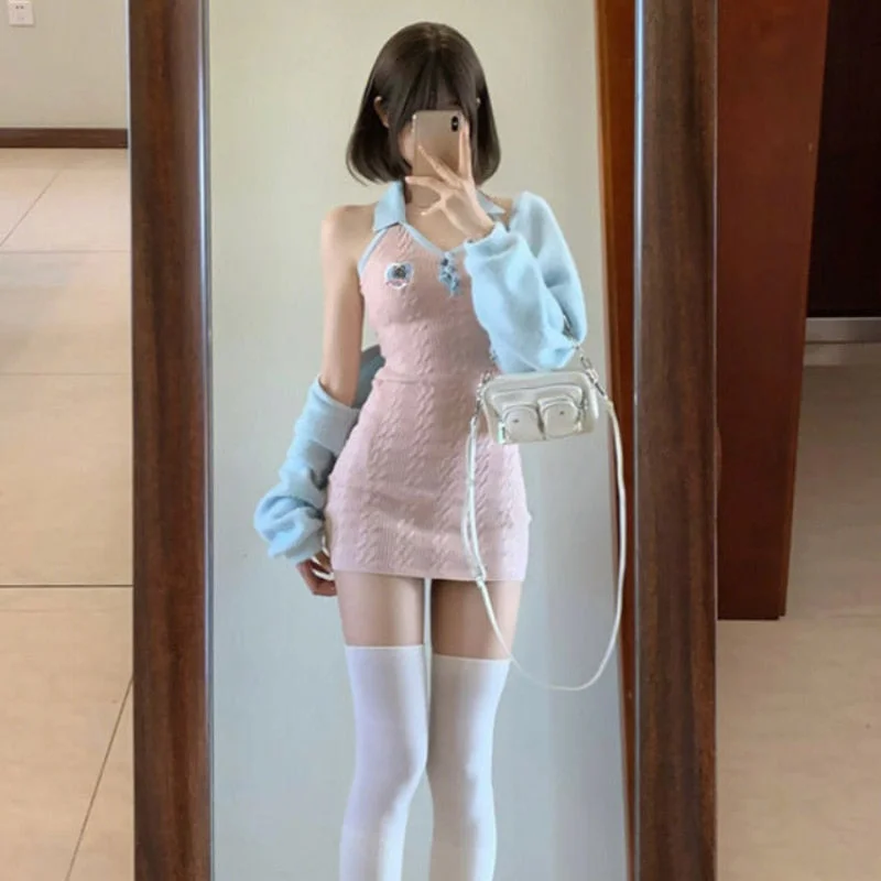 Lourdasprec  Y2K Women Korean Casual Kawaii Groups Acubi Gyaru Desire 2 Piece Set Suits Mini Dress Sexy Long Sleeve Tos Matching Sets Clothes