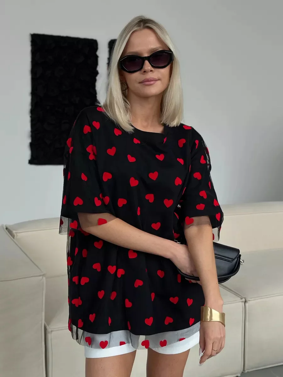 Athvotar Athvotar New Sexy Women's Love Mesh Splicing Loose Basic Round-Neck Short-Sleeved T-Shirt