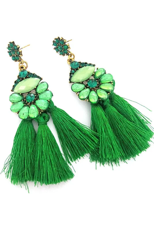 Green Gemstone Floral Tassel Earrings