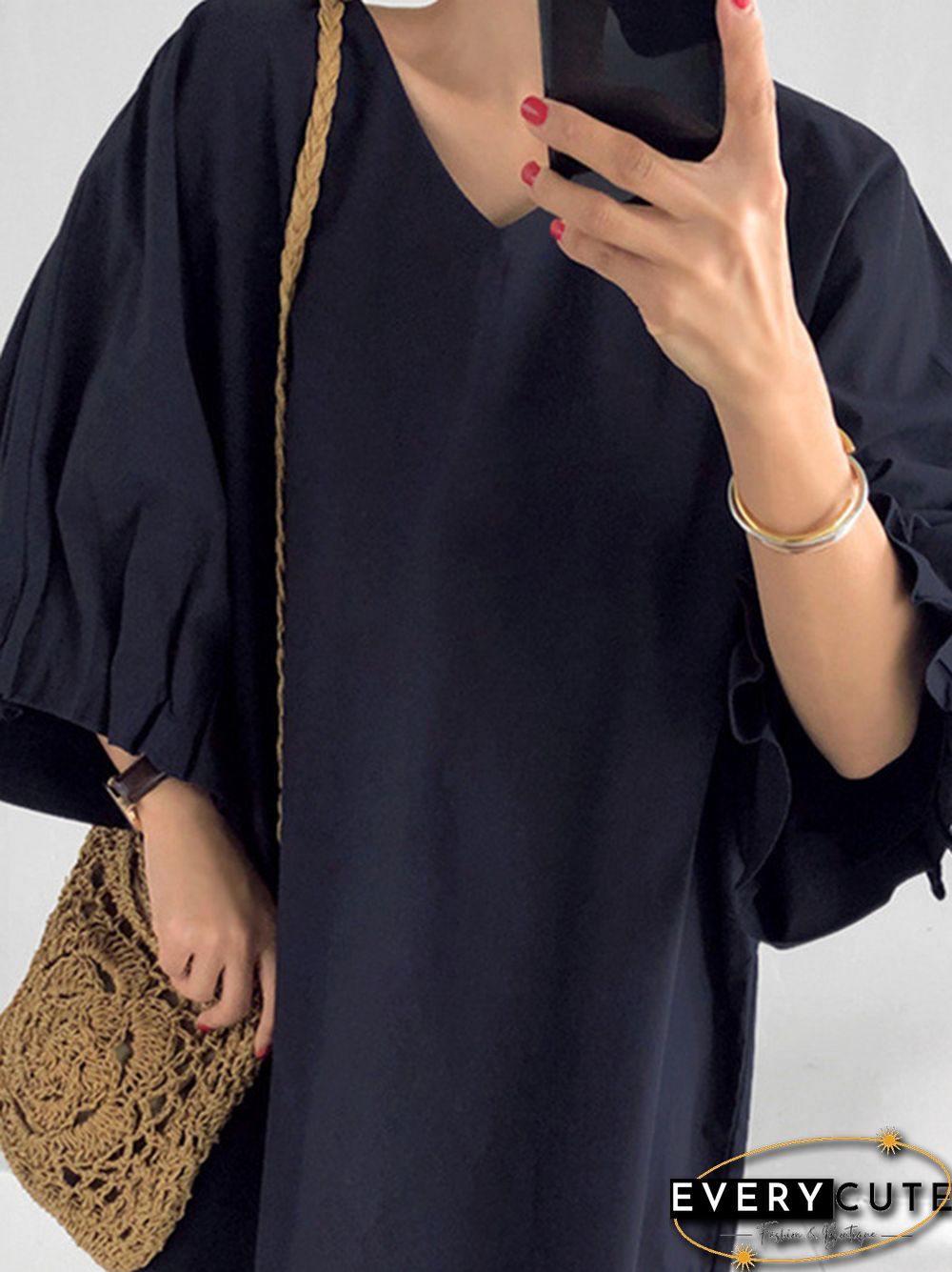 Causal Plus Size Pleated Raglan Sleeve V-Neck Midi Dress