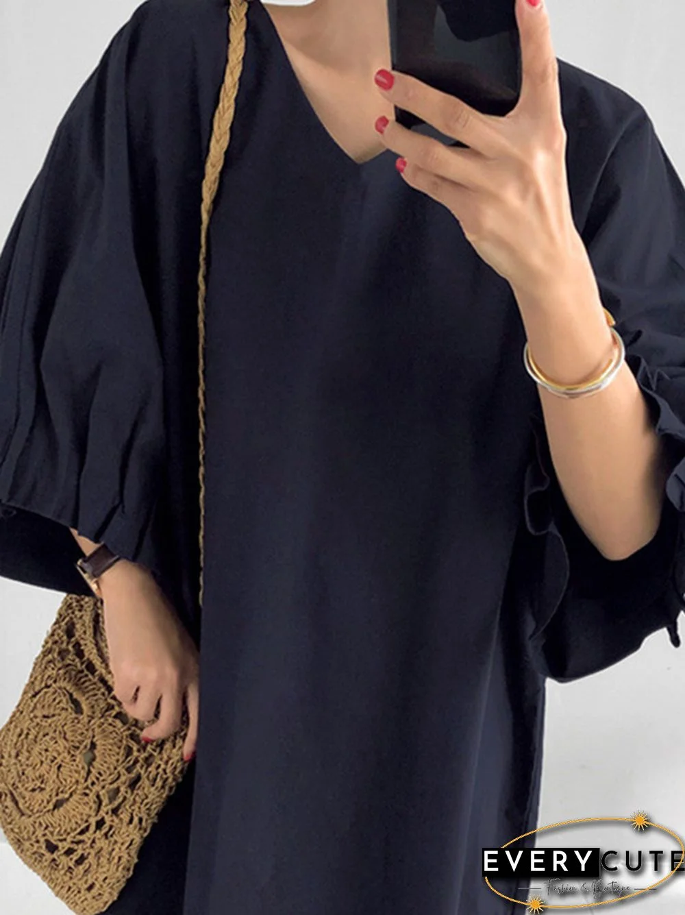 Causal Plus Size Pleated Raglan Sleeve V-Neck Midi Dress