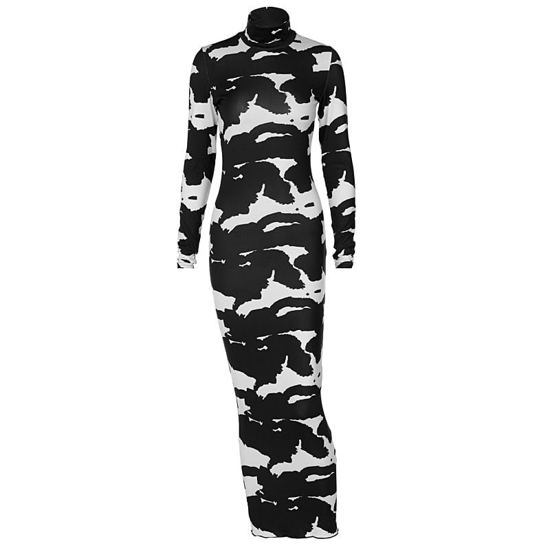 Hawthaw Women Fashion Autumn Long Sleeve Printed Bodycon Pencil Long Dress Streetwear 2021 Fall Clothes Wholesale Items
