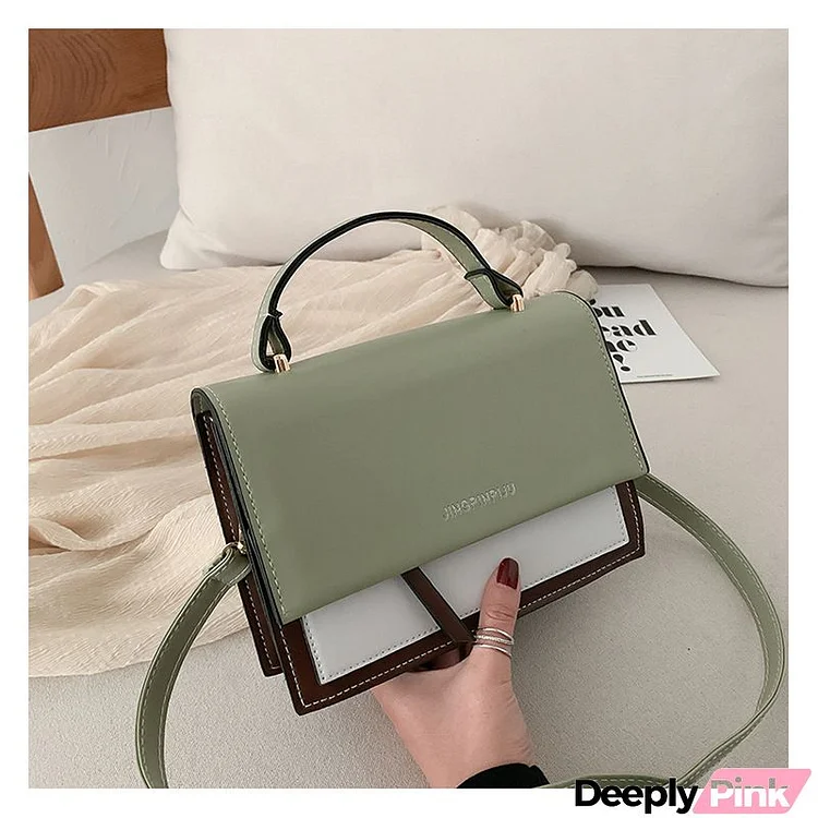 Women Casual Flap Buckle Design Contrast Color PU Crossbody Bag