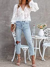 Plain Deep V-Neck Puff Sleeves Lace Crochetgo Casual T-Shirt Top