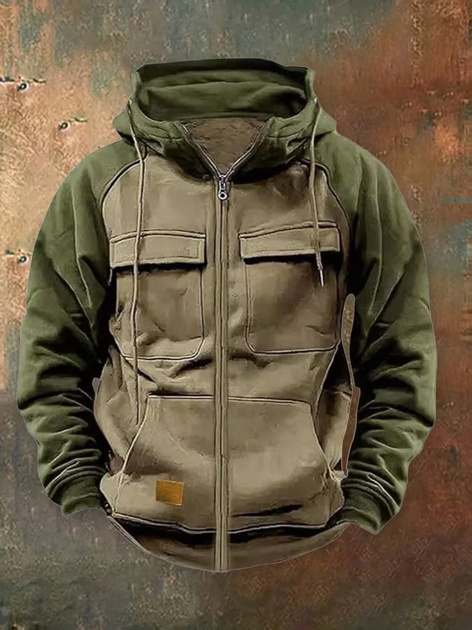 Men's Retro Casual Contrast Color Multi-Pocket Zipper Jacket