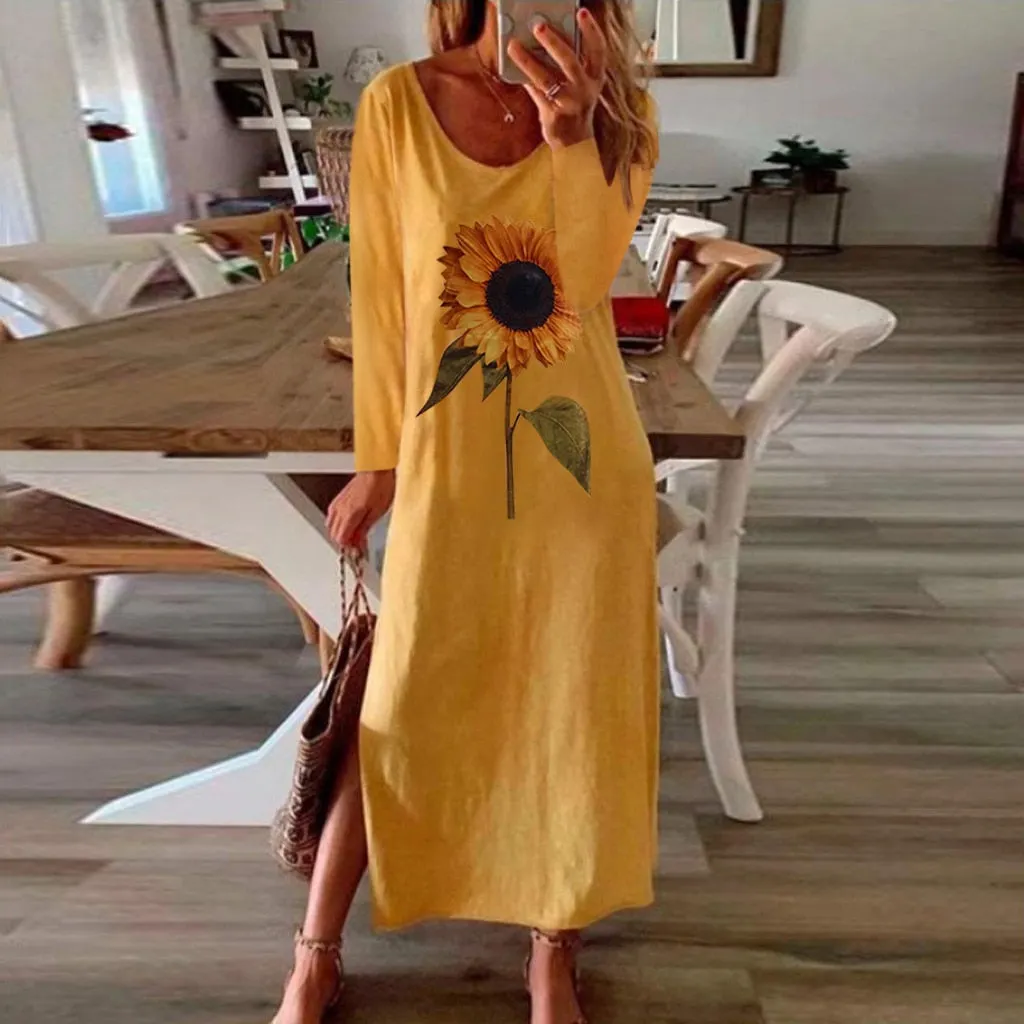 Sunflower 3D Print Split Summer Autumn Dress Women Elegant 2020 White Long Sleeve Plus Size Maxi Dresses for Women Vestidos