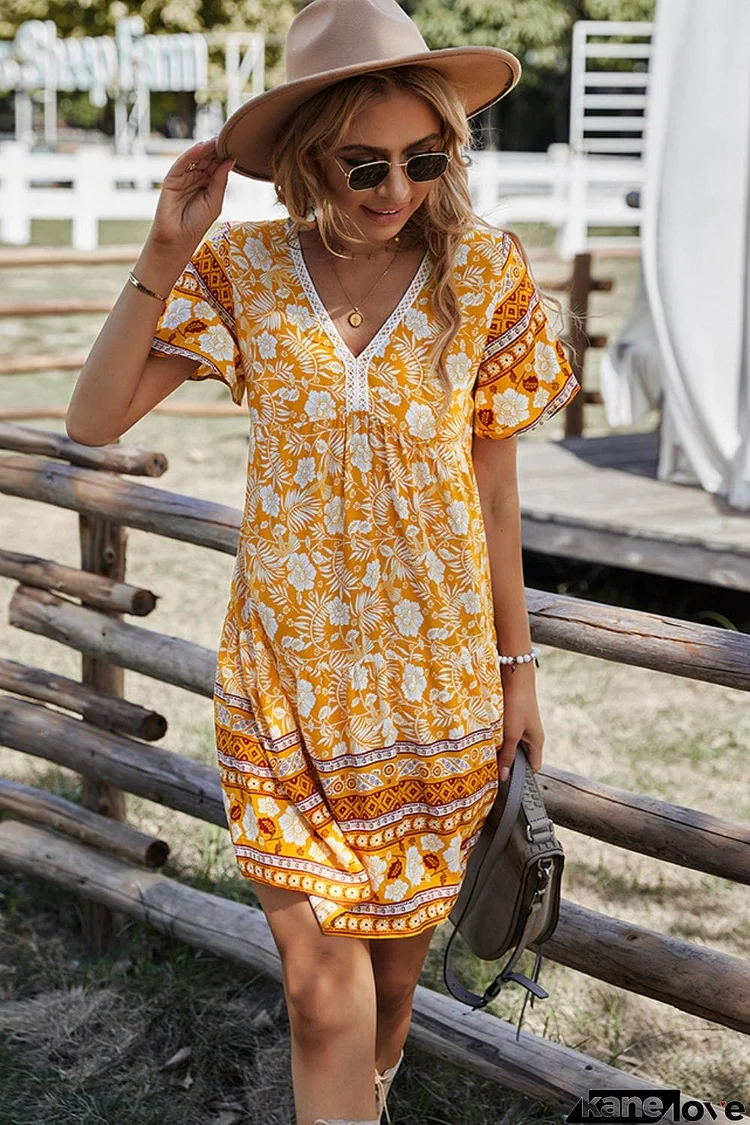 Bohemian V-Neck Short Sleeve Dress