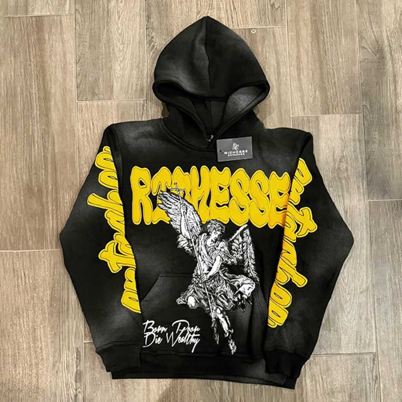 Vintage Richesse Print Graphic Acid Washed Oversized Hoodie