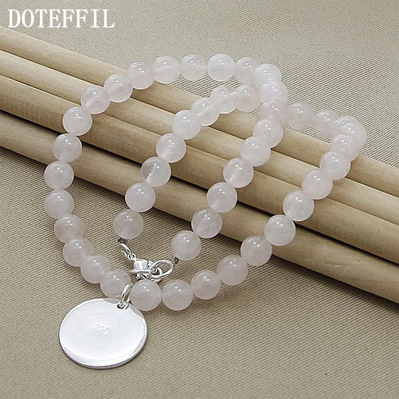 DOTEFFIL 925 Sterling Silver Pink Agate Beaded Round Pendant Necklace For Women Jewelry