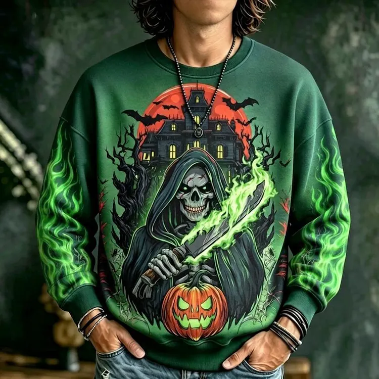 Men's Halloween Graphic Sweatshirt - Grim Reaper With Machete, Haunted House And Pumpkin Print Pullover