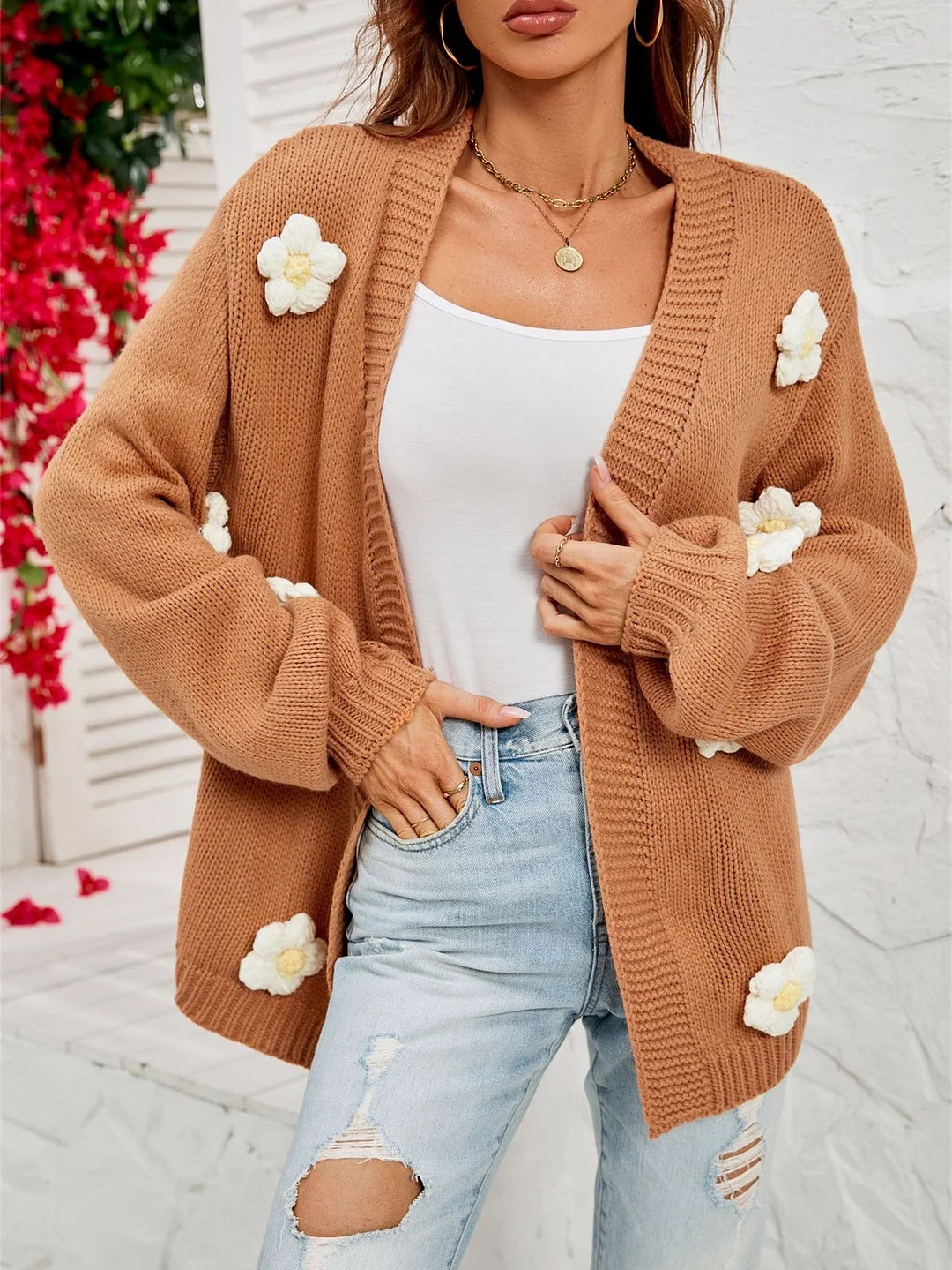 Women's Floral Printed Stitching Solid Color Long Sleeve V-neck Coat