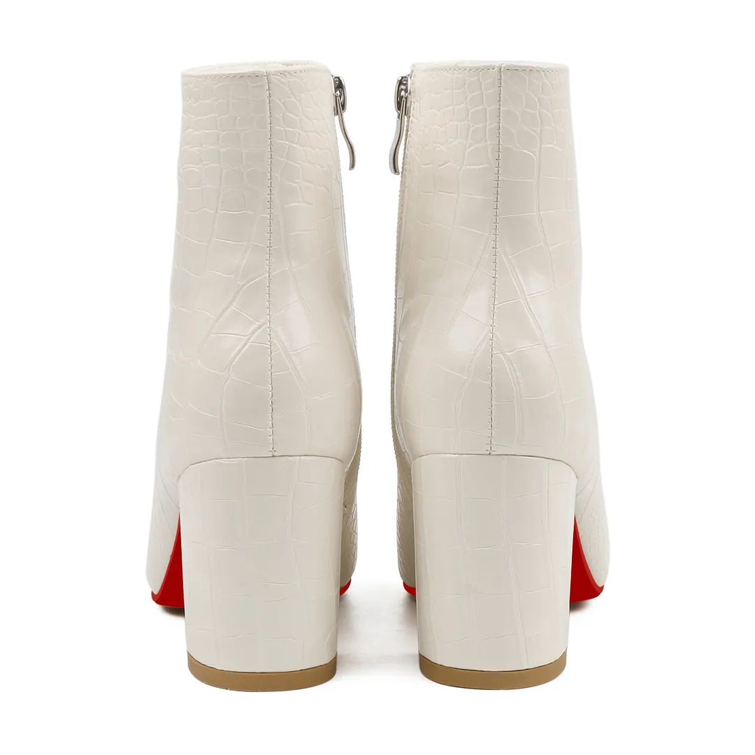 75mm Women's Zipper Pointed Toe Red Bottom Chunky Heel Ankle Boots-vocosishoes