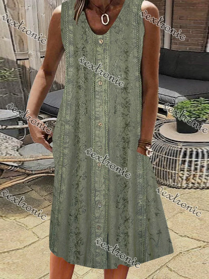 Women's Gray V-Neck Sleeveless Floral Printed Midi Dress
