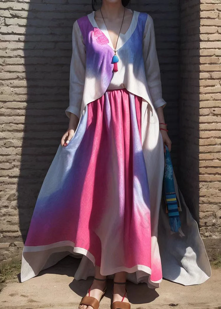 Gradient Color Asymmetrical Patchwork Silk Long Dress Long Sleeve