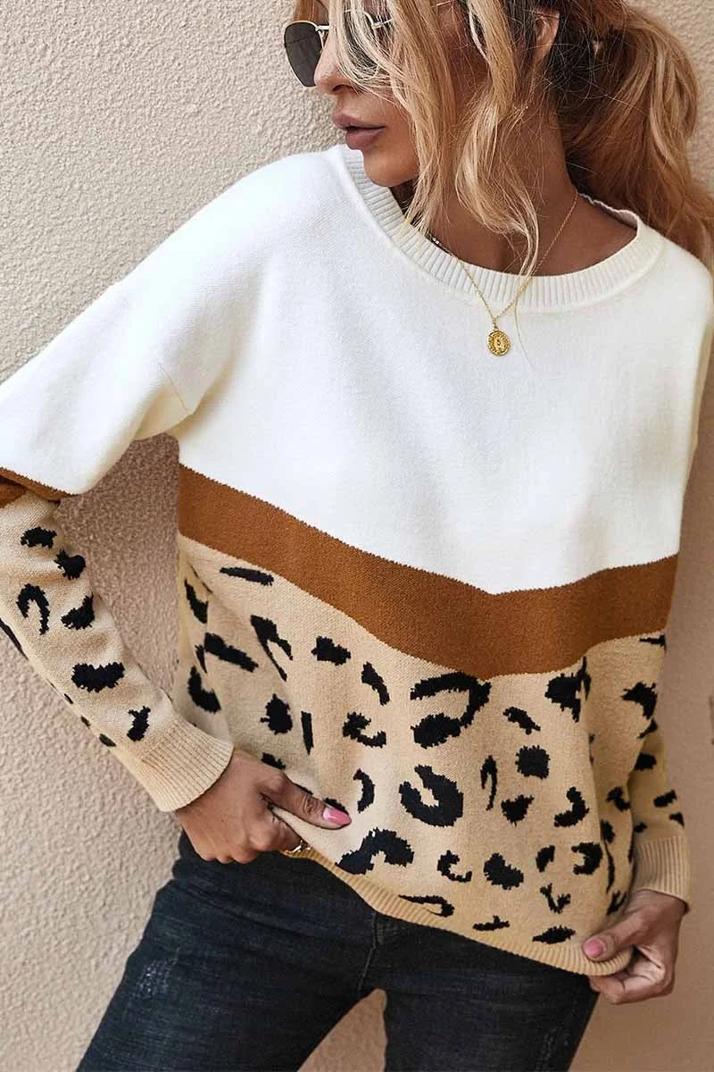 Leopard Splice Contrast O-neck Sweater