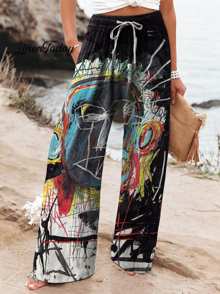 Women’s Vintage Abstract Figure Art Printed Cotton And Linen Casual Pants Multicolor / S