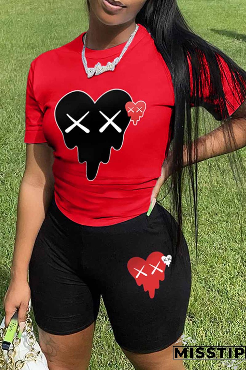 Black Red Casual Print Patchwork O Neck Short Sleeve Two Pieces