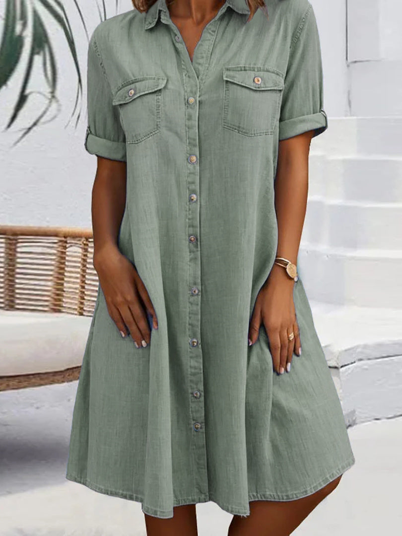Women's Short Sleeve Shirt Collar Solid Color Buttons Midi Dress