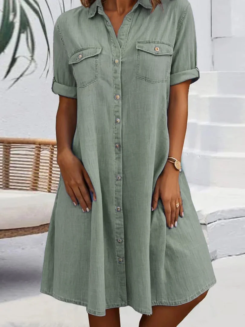 Women plus size clothing [ Green ] Women's Short Sleeve Shirt Collar Solid Color Buttons Midi Dress-Nordswear