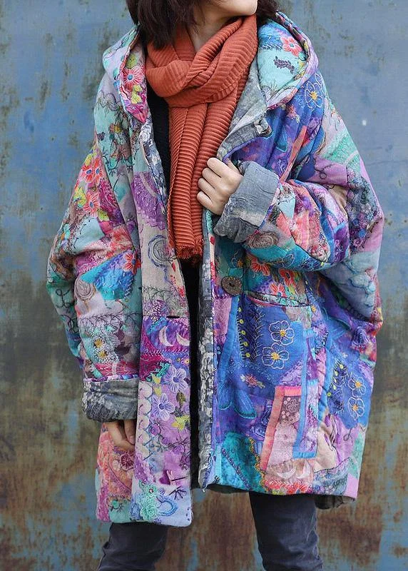 2022 purple prints overcoat oversized warm winter coat hooded patchwork overcoat