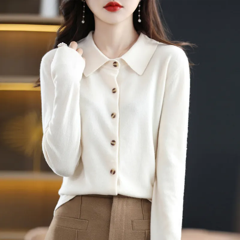 Churchf Churchf And Autumn POLO Collar Knit Shirt With Loose Long-Sleeved Sweater Non-Cashmere Cardigan Temperament Lapel Coat