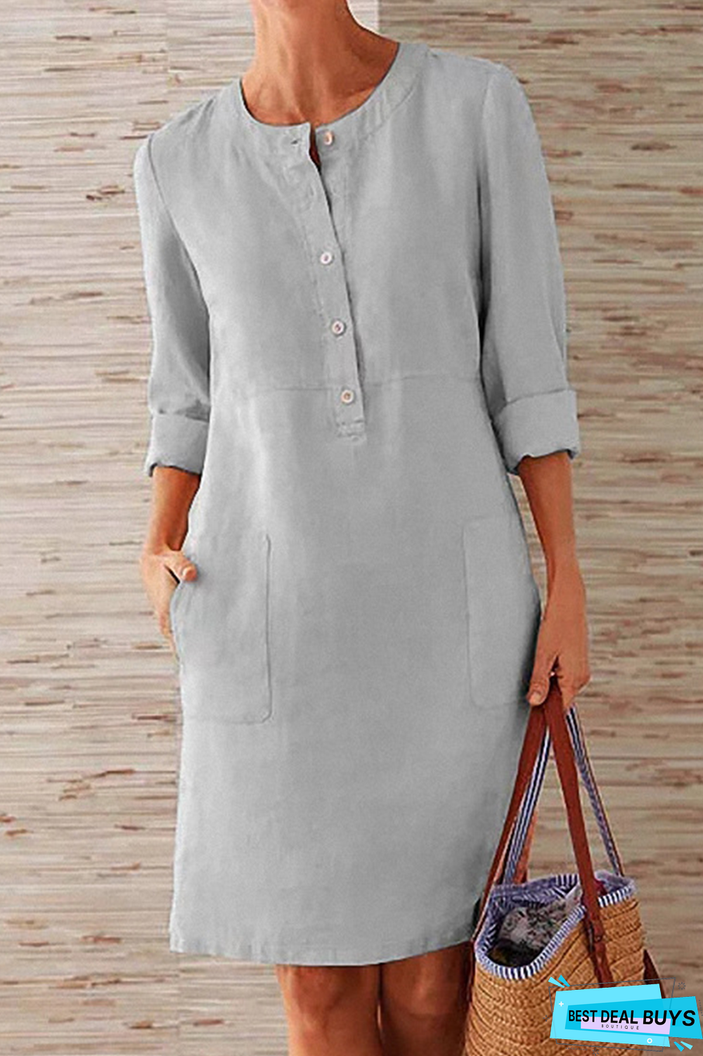 Casual Solid Pocket Buckle O Neck Long Sleeve Dresses(6 Colors)