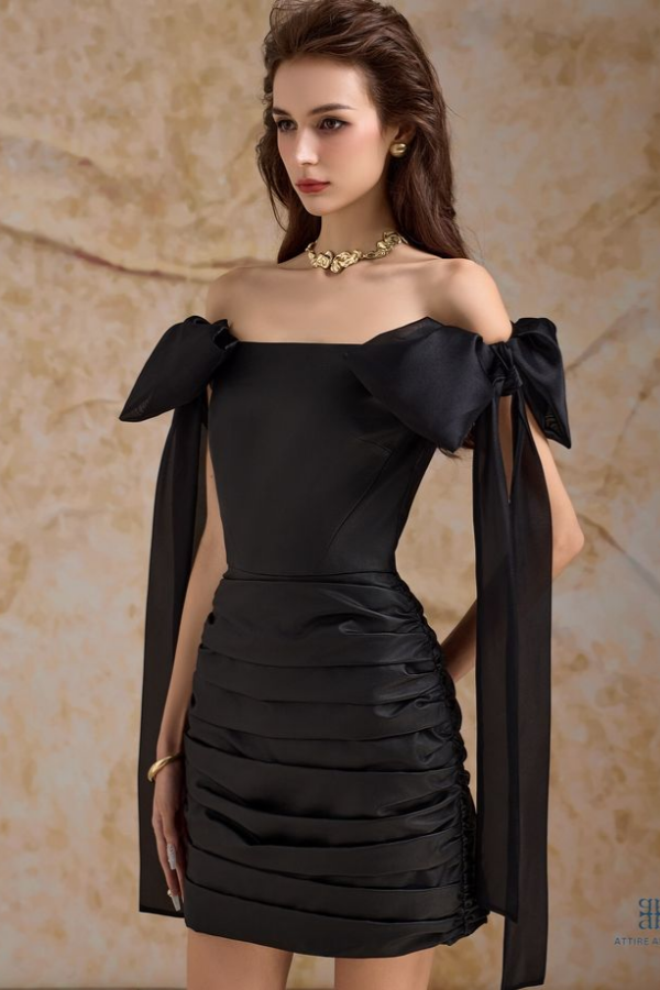 Miabel Gorgeous Black Off the Shoulder Short Pleated Homecoming Dress with Bow     