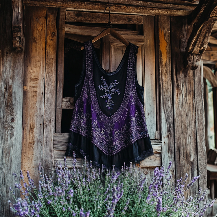 Vintage Boho Lavender Patchwork Art Print Women's Linen Tank Top