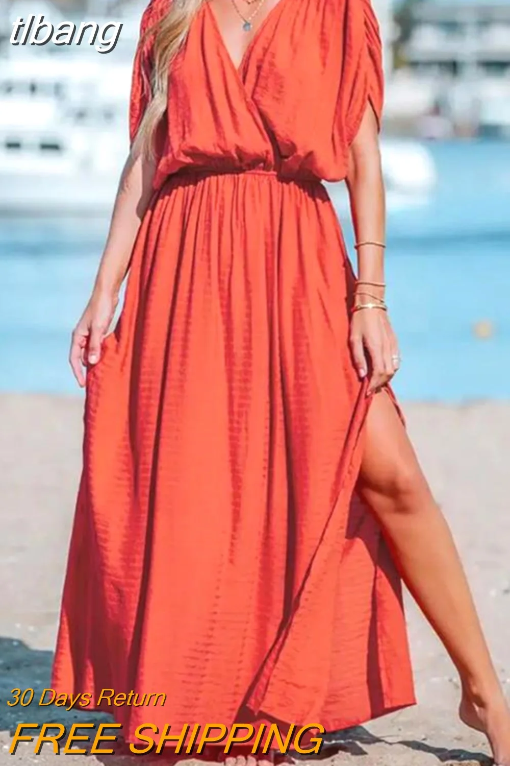 tlbang Dresses for Women Surplice Neck Split Hem Ruched Maxi Dress New Fashion 2023 Summer Casual Vacation
