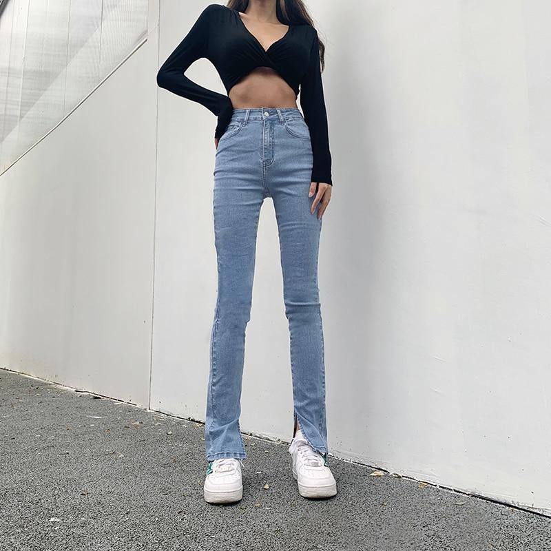 Stretch Jeans Woman High Waist Femme Split Pencil Tight Denim Skinny Trousers Flared Pants