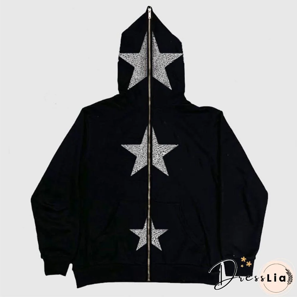 Star Print Jacket Aesthetic Women Zipper Long Sleeve Hooded Tops With Pockets Y2k Fairy Grunge Coat Streetwear