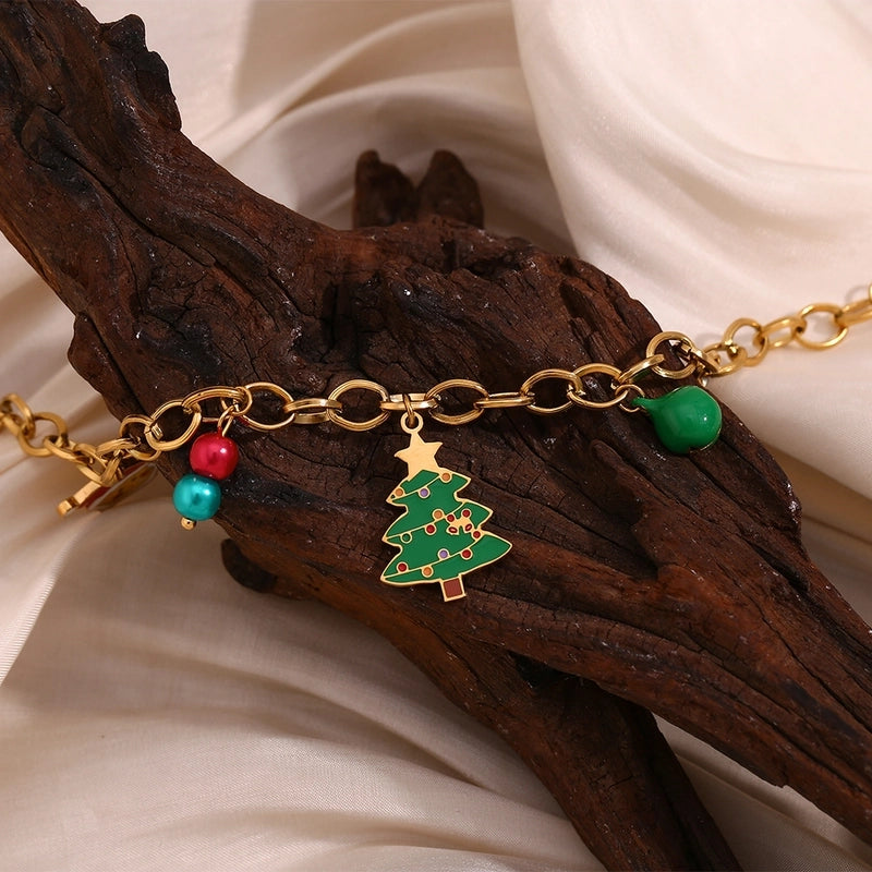 Cute Christmas Tree Santa Claus Bell 304 Stainless Steel 18K Gold Plated Cable Chain Bracelets In Bulk Christmas