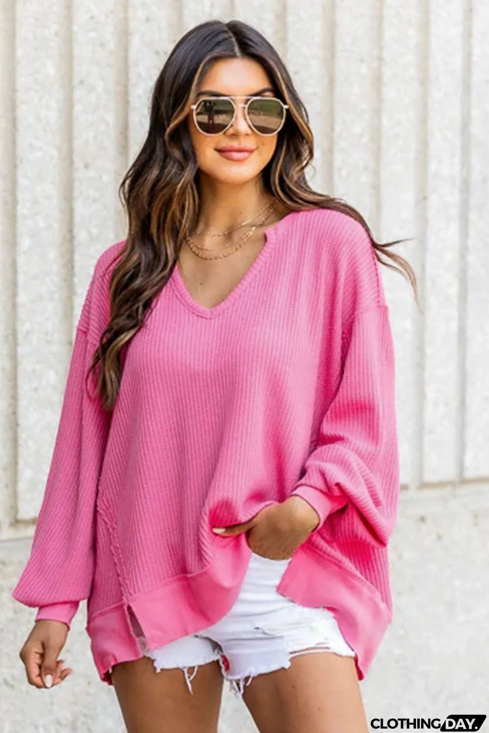 Textured V Neck Drop Shoulder Loose Top
