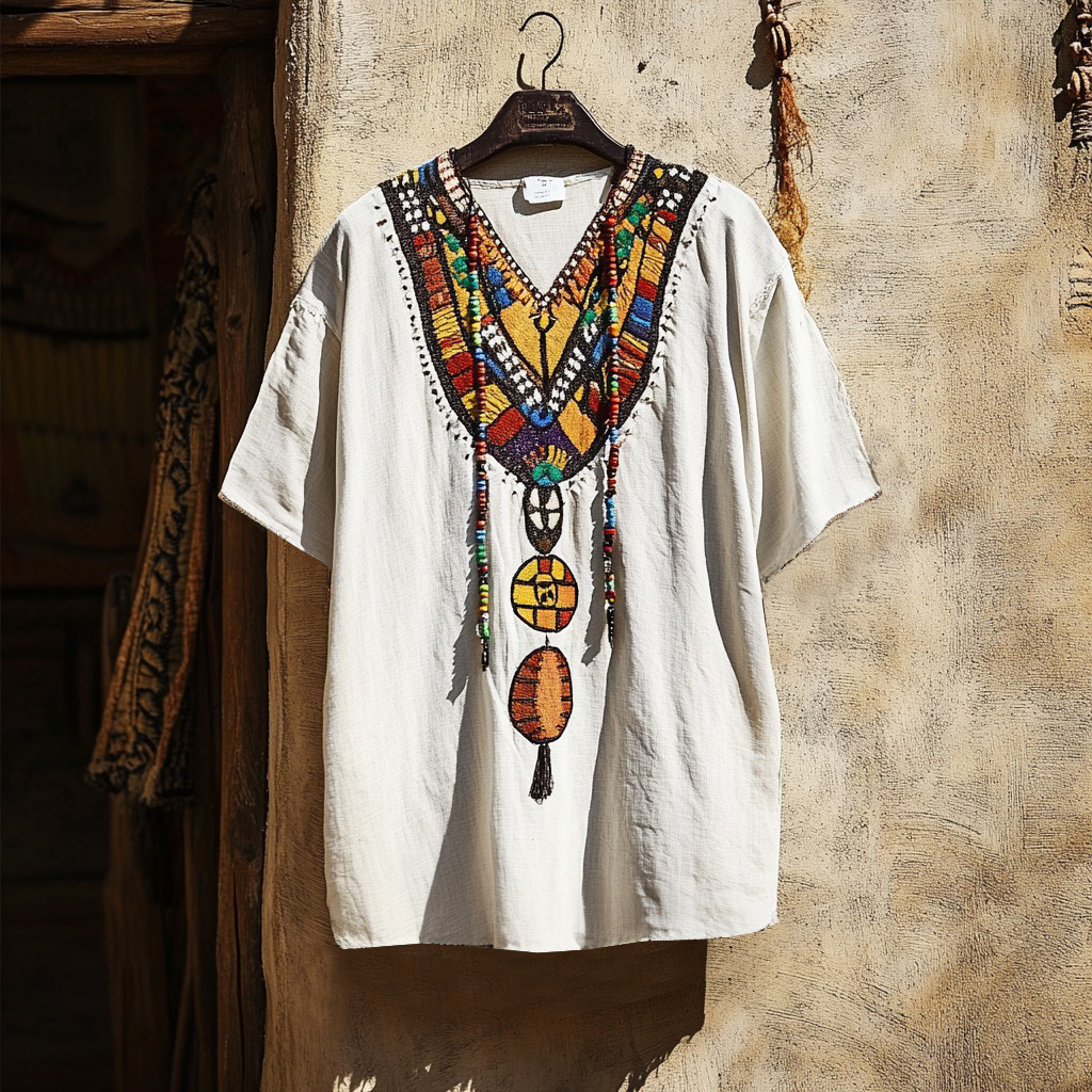 Vintage African Ethnic Embroidered Contrast Linen Shirt