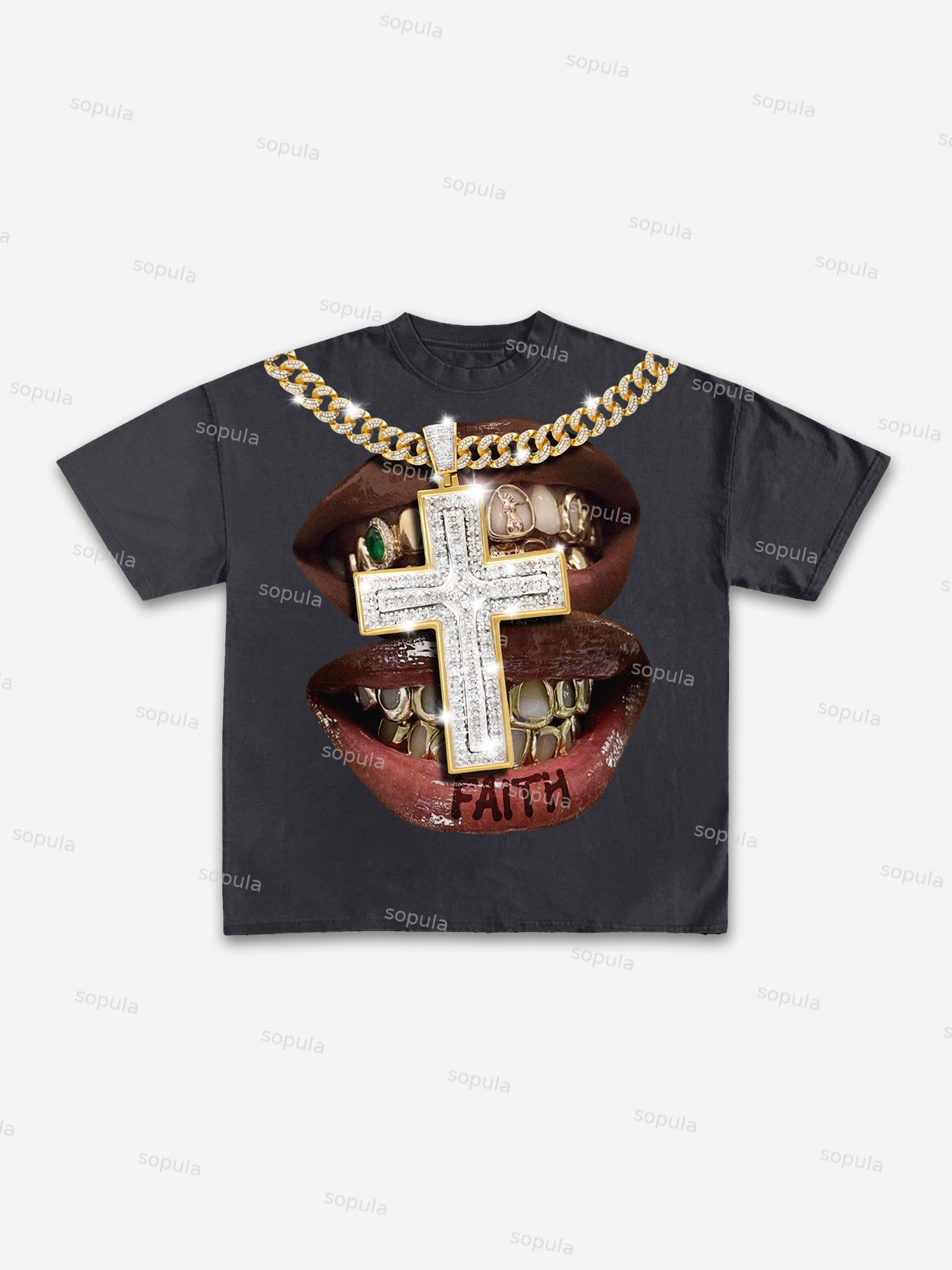 Faith Cross Diamond Necklace Lips Graphic Cotton T-shirt - Sopula｜Premium Graphic Tees & Graphic Clothing