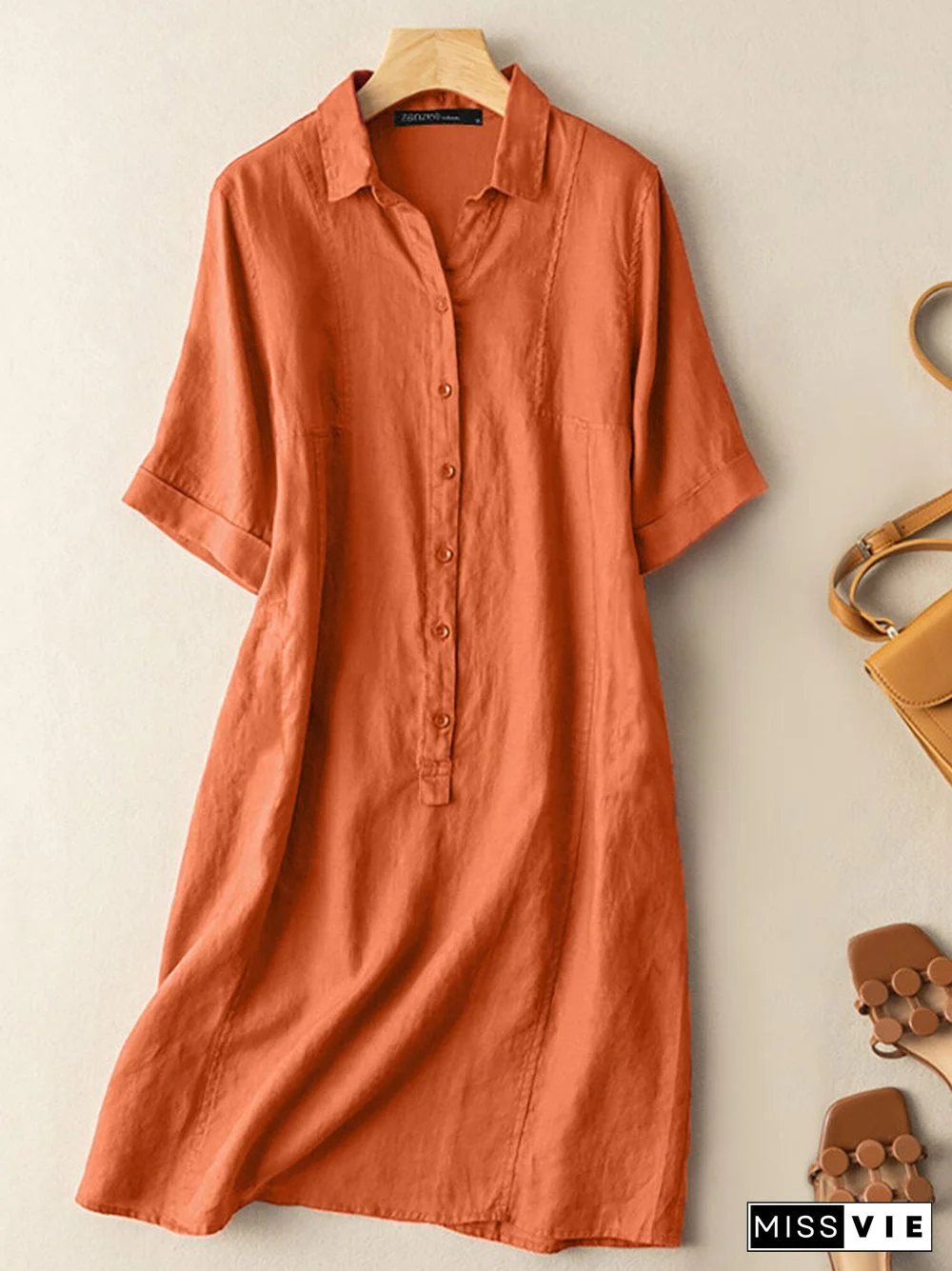 Solid Button Front Short Sleeve Lapel Shirt Dress