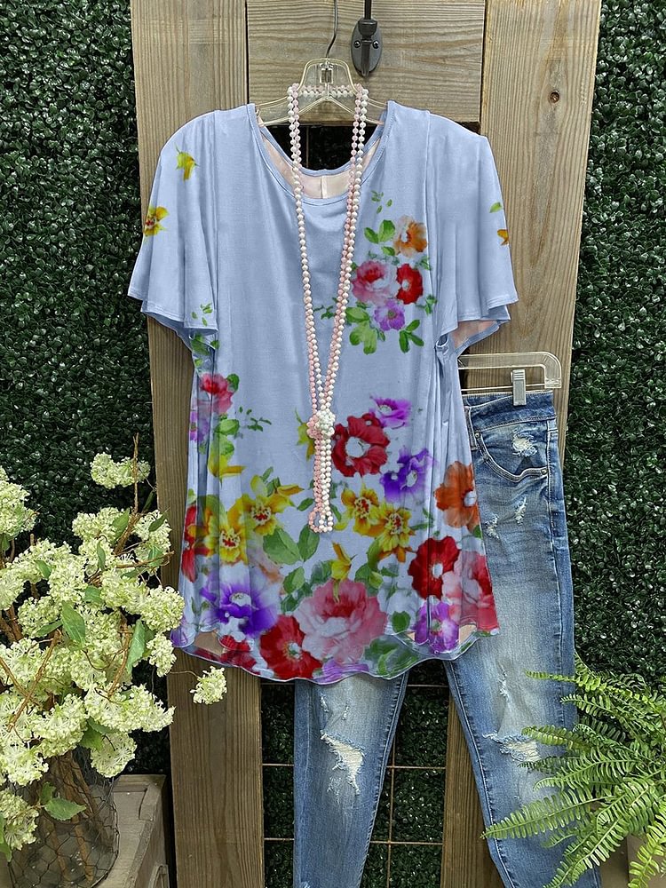 Blue Ladies Floral Print Casual T-Shirt-Mayoulove