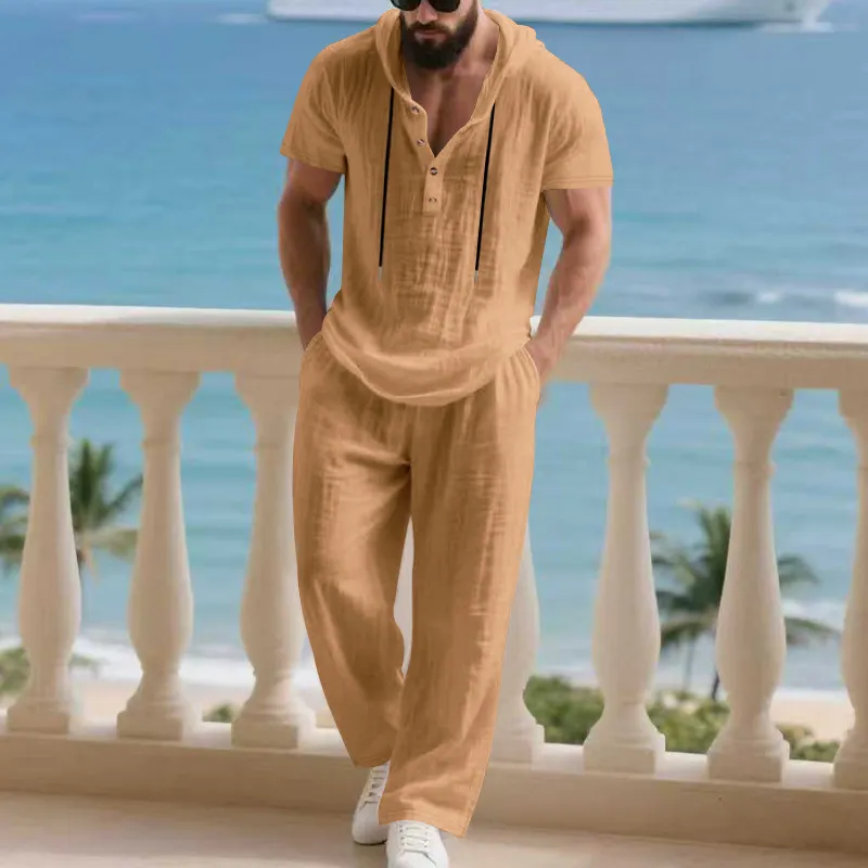 Men’s Summer Short Sleeve Shirt Set Lightweight Premium Linen Hooded Shirt & Loose Straight-Leg Pants Set