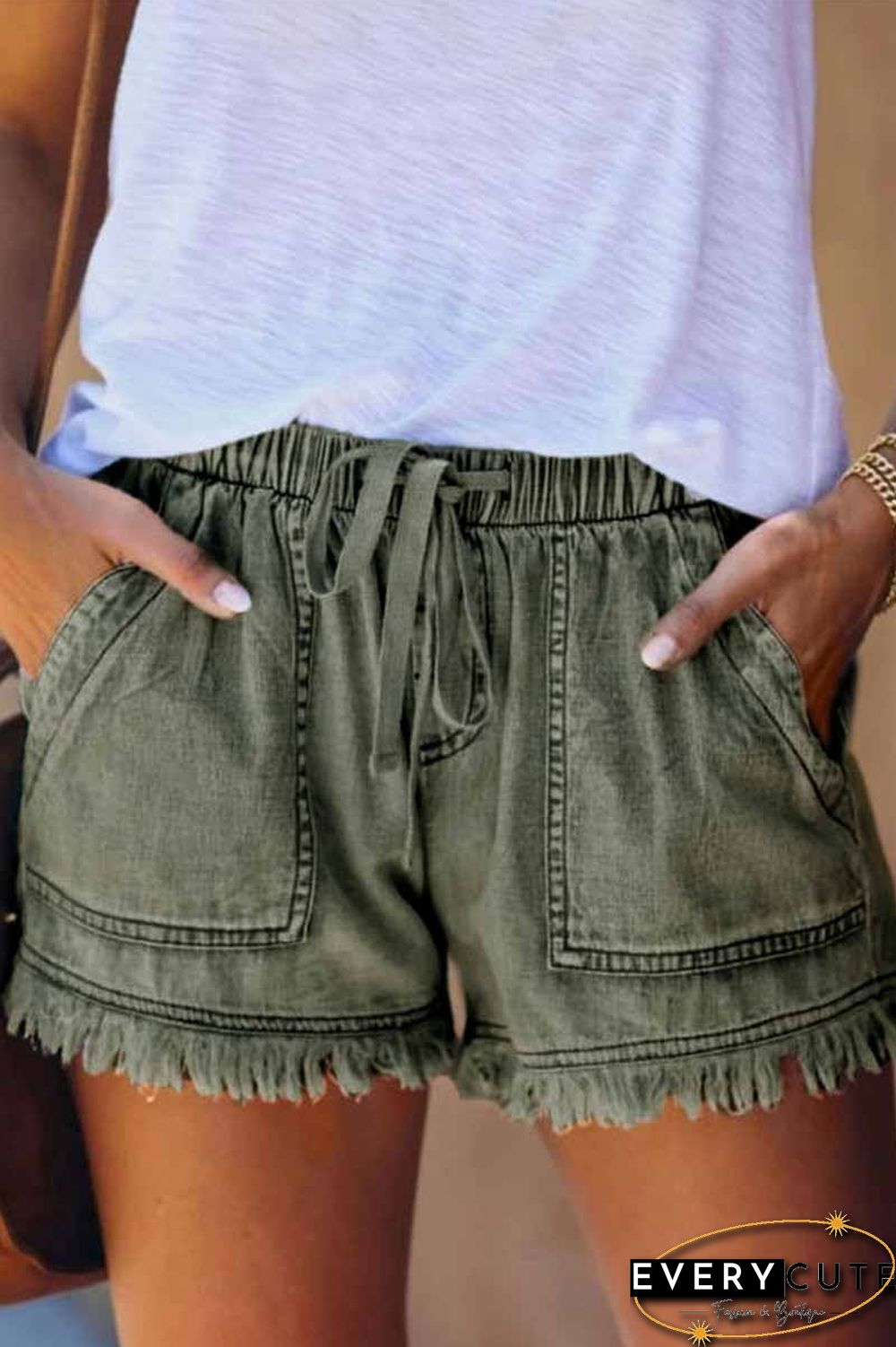 Lace-up Fringed Thin Denim Shorts