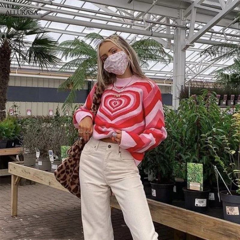 Y2K Aesthetics Heart Striped Turtleneck Pullovers E-girl Sweet Long Sleeve Hot Pink woman sweaters Harajuku 90s Knitwear  Autumn