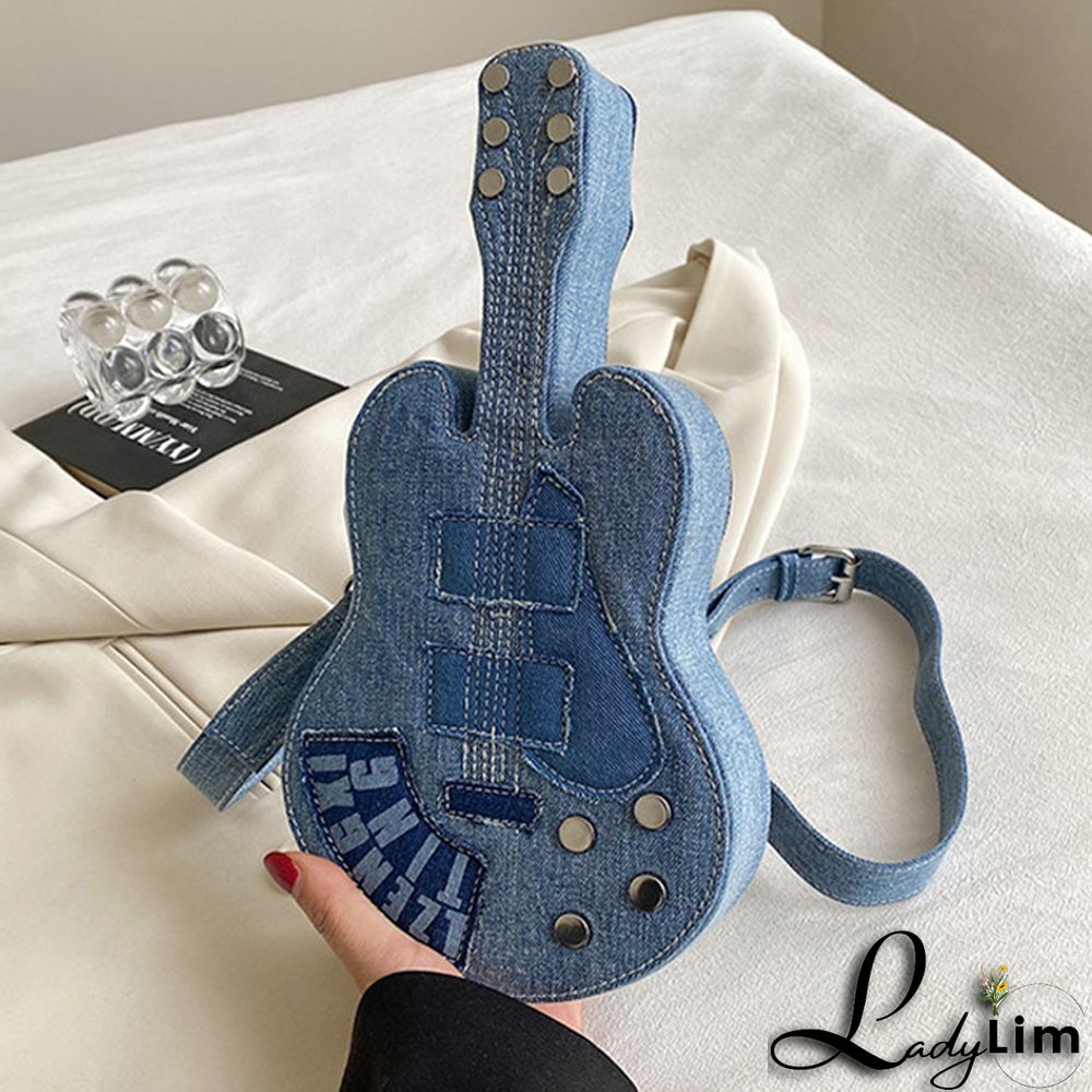 Blue Casual Patchwork Zipper Violin Messenger Bag